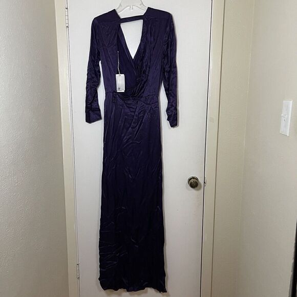 NEW! Mango MNG Purple vneck plunge open back Satin wrapped slit maxi dress US 4 - Picture 11 of 12